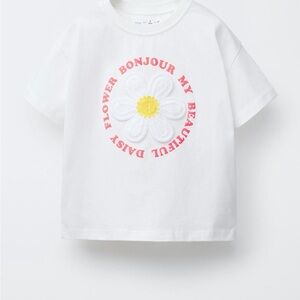 Zara White Tee with Pink Text and Daisy Design